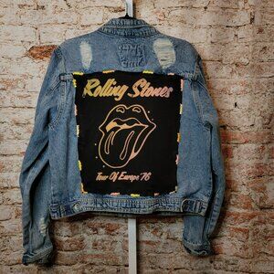 Upcycled The Rolling Stones Band Tee Denim Jean Jacket, size XL